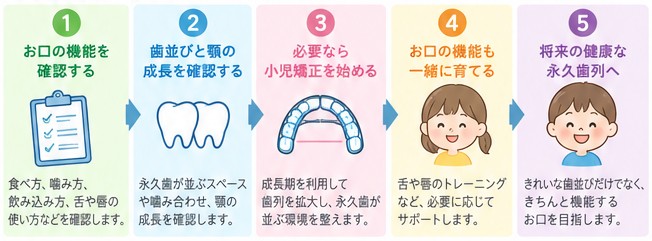 小児矯正の流れ：1.お口の機能を確認する 2.歯並びと顎の成長を確認する 3.必要なら小児矯正を始める 4.お口の機能も一緒に育てる 5.将来の健康な永久歯列へ